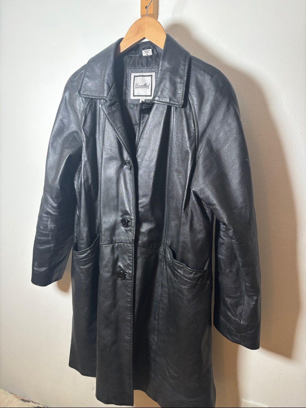Vintage Black 100% Leather Button-Front Trench Coat